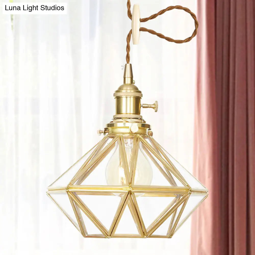 Postmodern Diamond Pendant Ceiling Light With Brass Accents And Adjustable Rope / Clear Glass