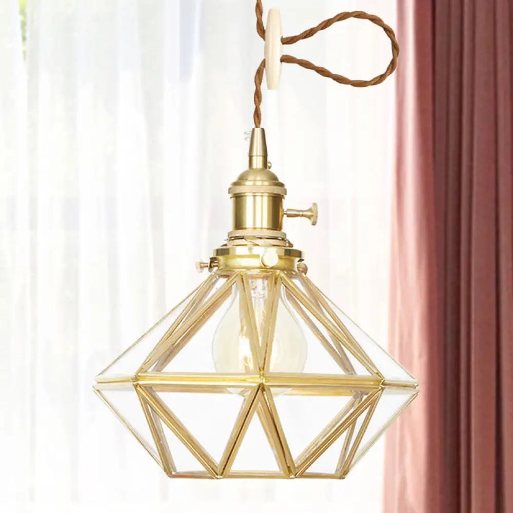 Postmodern Diamond Pendant Light With Brass Finish And Adjustable Rope / Clear Glass