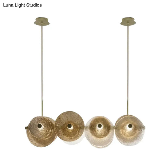 Postmodern Disc Textured Glass Island Lighting: 4-Light Brass Suspension Light For Dinner