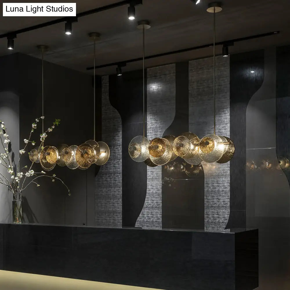 Postmodern Disc Textured Glass Island Lighting: 4-Light Brass Suspension Light For Dinner