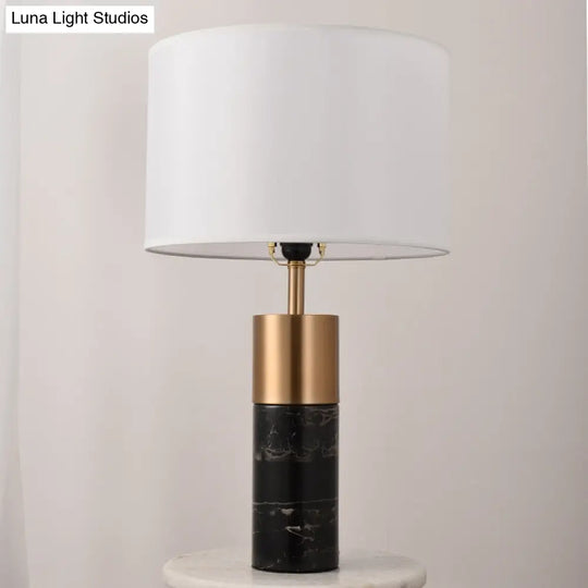 Postmodern Drum Bedside Table Lamp With Marble Pedestal - Black/White/Grey Fabric Design