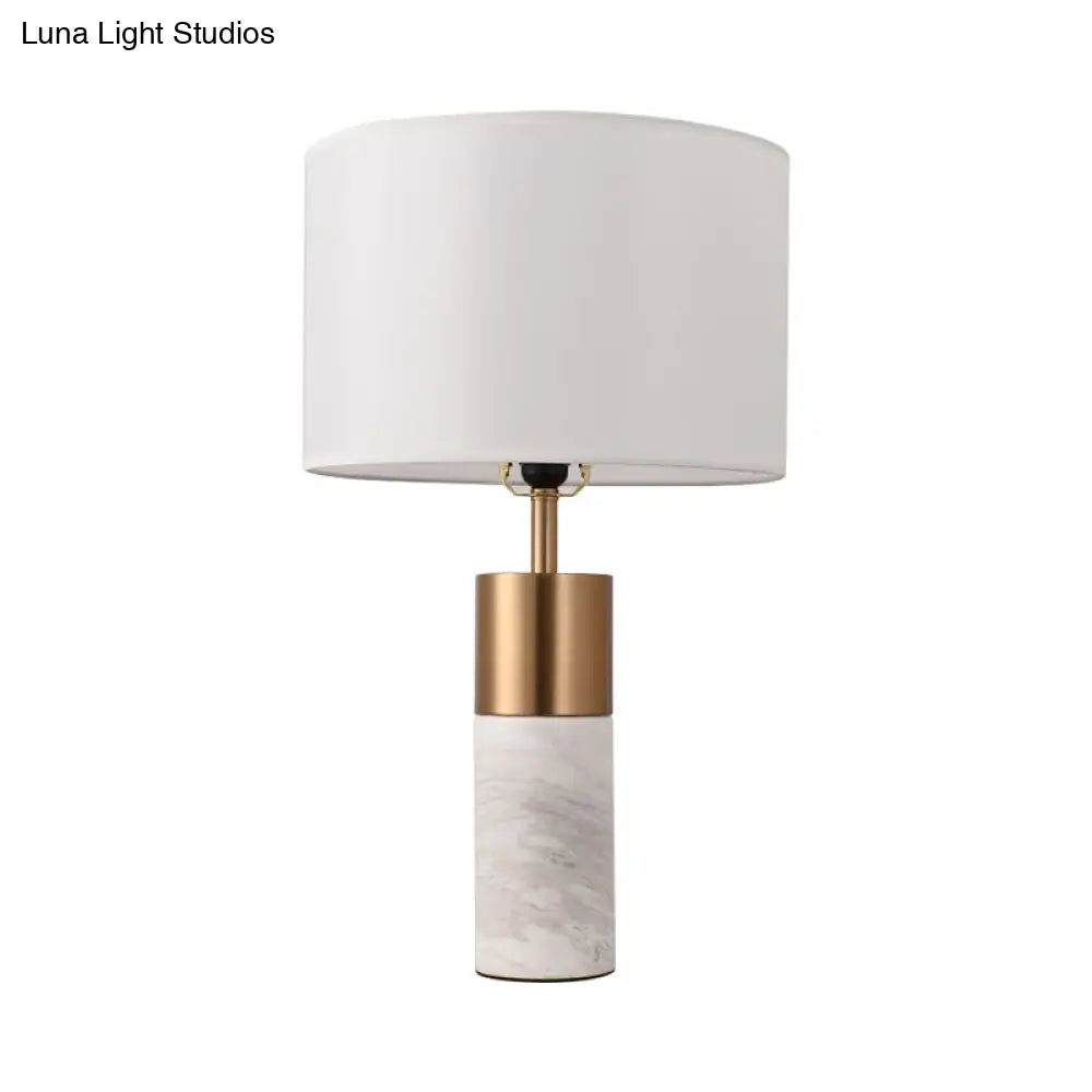 Postmodern Drum Bedside Table Lamp With Marble Pedestal - Black/White/Grey Fabric Design