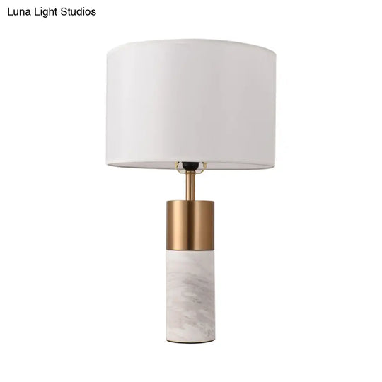 Postmodern Drum Bedside Table Lamp With Marble Pedestal - Black/White/Grey Fabric Design