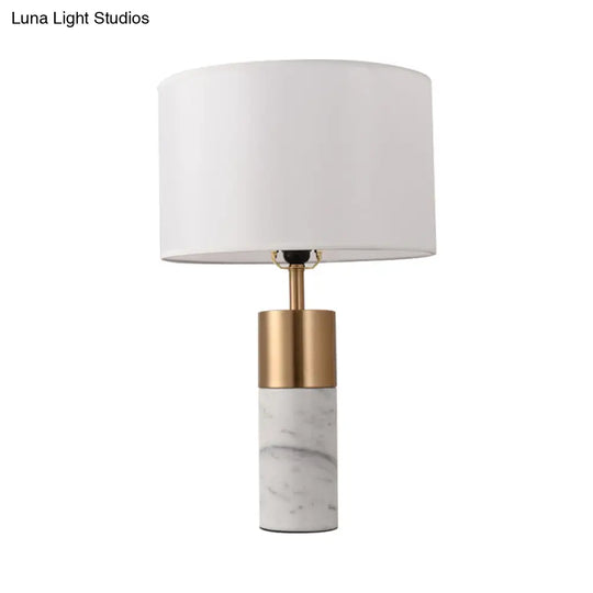 Postmodern Drum Bedside Table Lamp With Marble Pedestal - Black/White/Grey Fabric Design