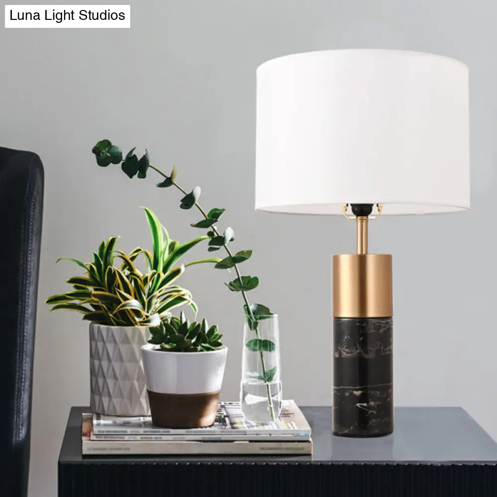 Postmodern Drum Bedside Table Lamp With Marble Pedestal - Black/White/Grey Fabric Design