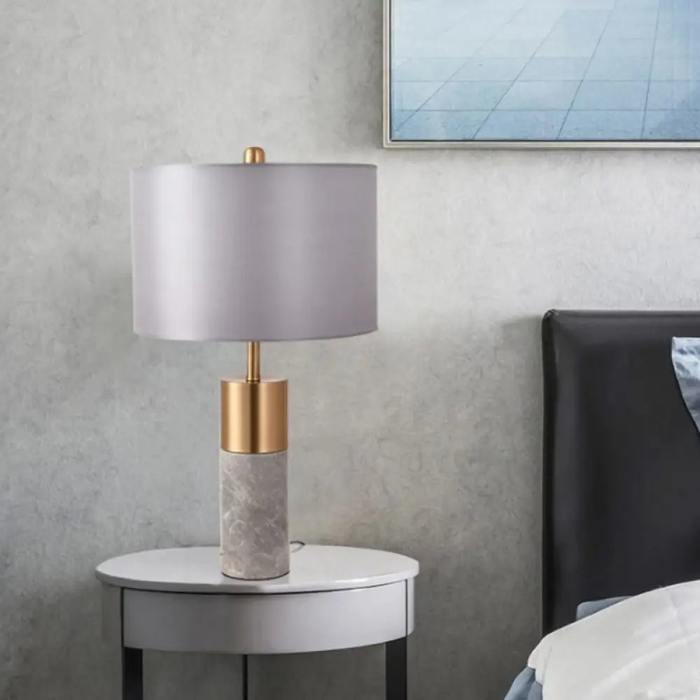 Postmodern Drum Bedside Table Lamp With Marble Pedestal - Black/White/Grey Fabric Design Grey