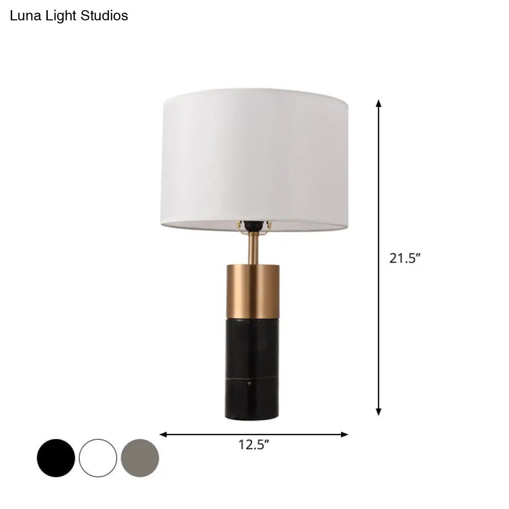 Postmodern Drum Bedside Table Lamp With Marble Pedestal - Black/White/Grey Fabric Design