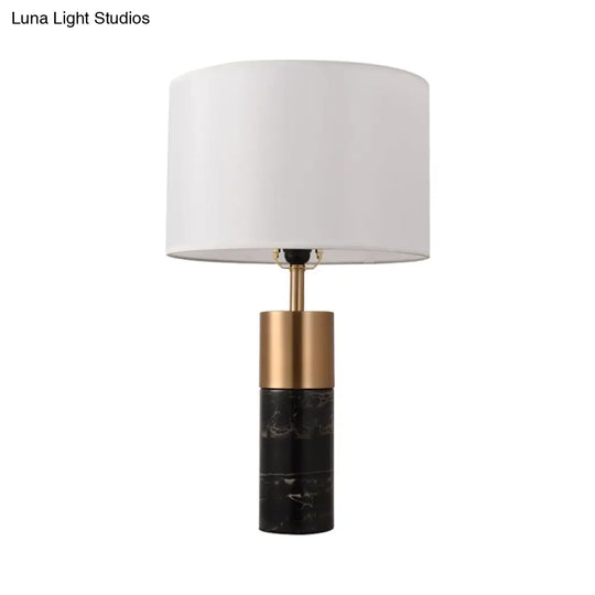 Postmodern Drum Bedside Table Lamp With Marble Pedestal - Black/White/Grey Fabric Design