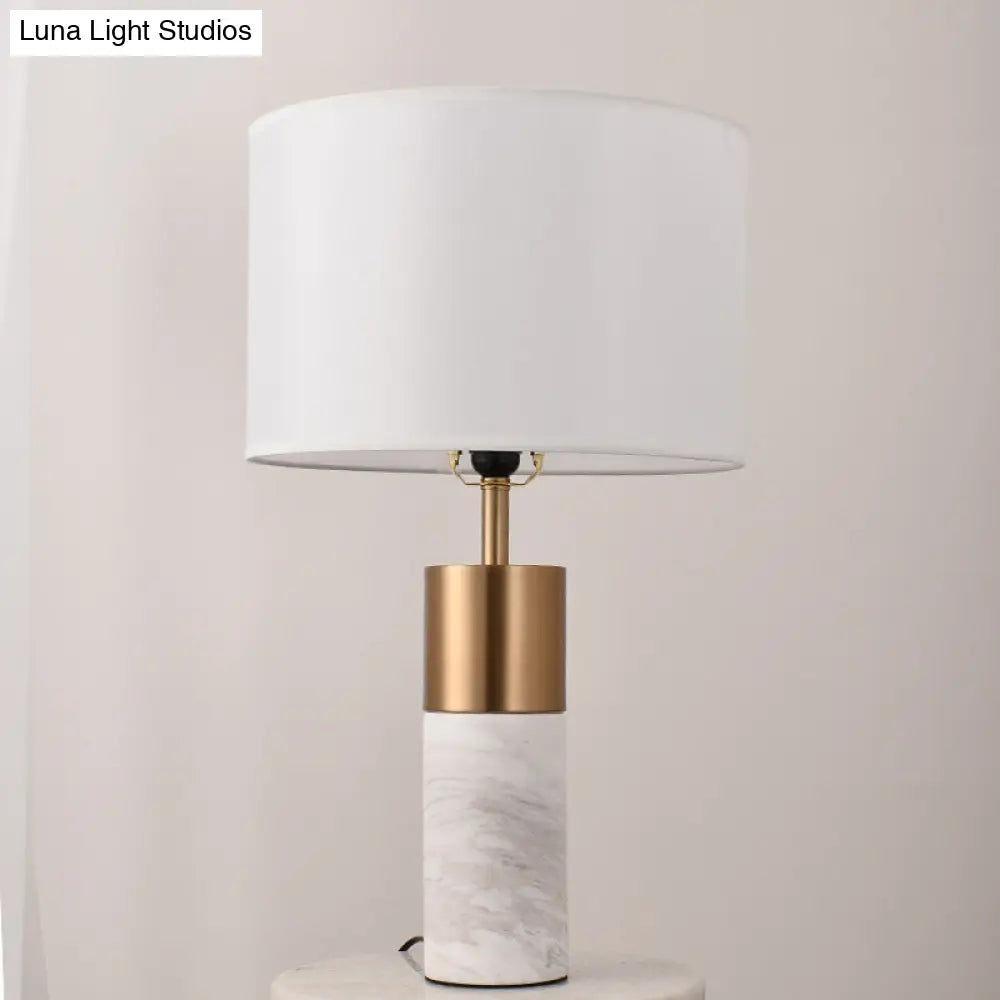 Postmodern Drum Bedside Table Lamp With Marble Pedestal - Black/White/Grey Fabric Design