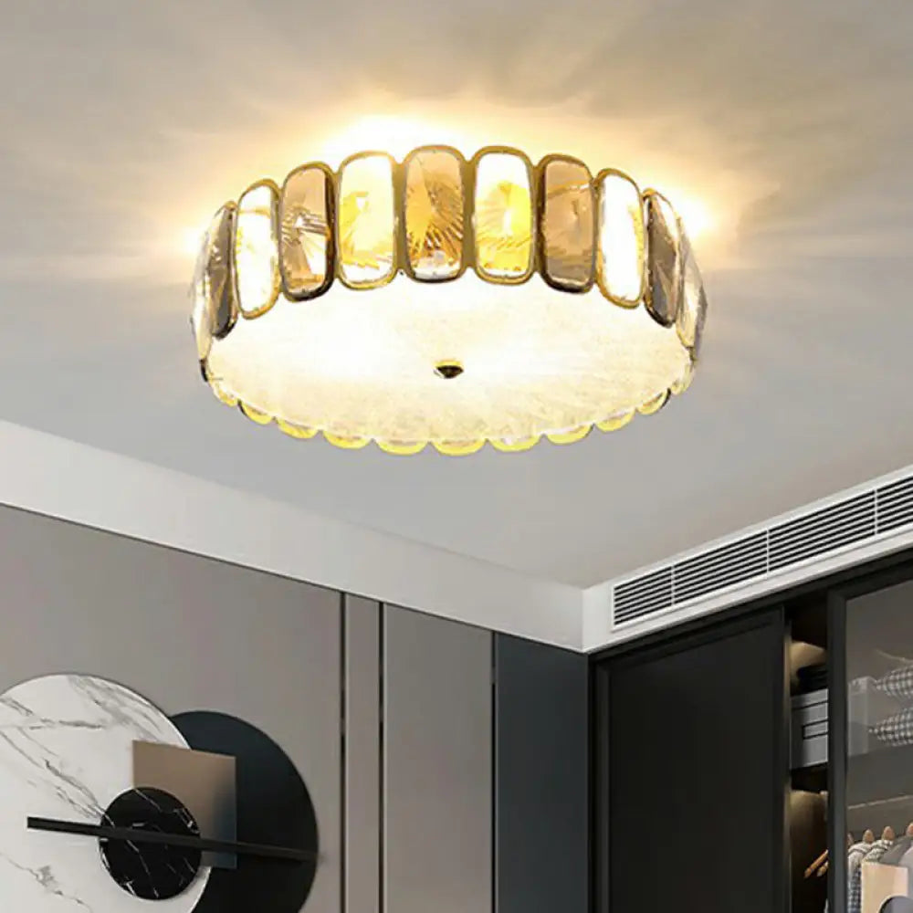 Postmodern Drum Ceiling Flush Light Fixture With Smoky And Amber Crystal Led Mount In Brass For