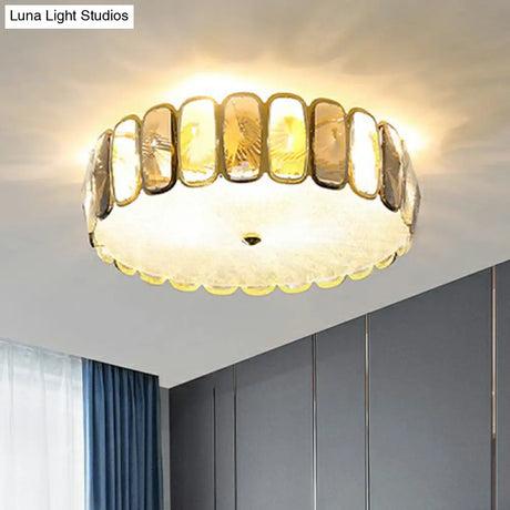 Postmodern Drum Ceiling Flush Light Fixture With Smoky And Amber Crystal Led Mount In Brass For