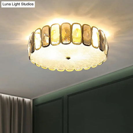 Postmodern Drum Ceiling Flush Light Fixture With Smoky And Amber Crystal Led Mount In Brass For