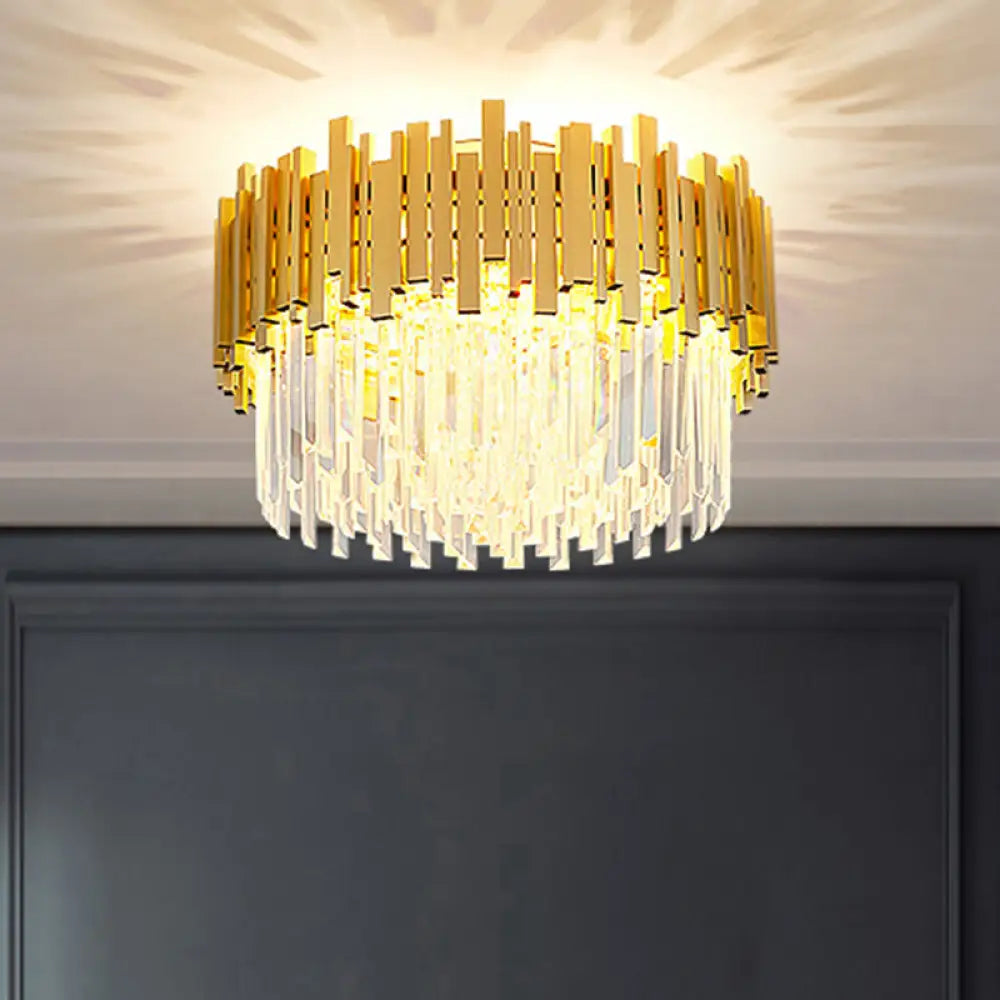 Postmodern Drum Ceiling Light: K9 Crystal Bedroom Chandelier In Gold / 21.5’