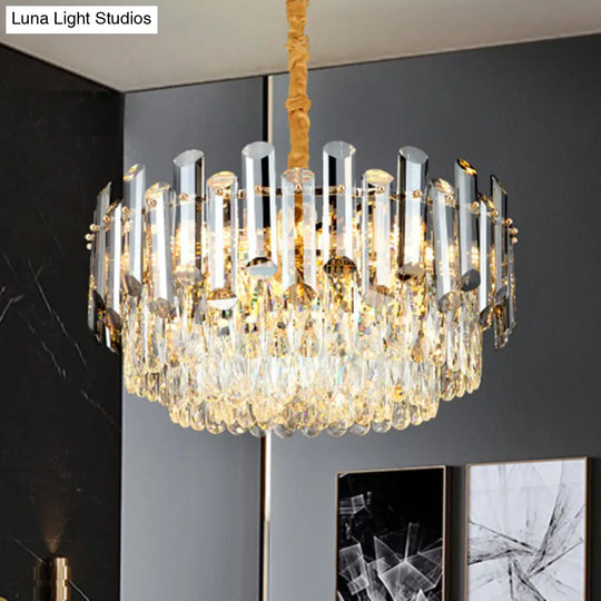 Postmodern Brass Chandelier - Beveled Crystal Drum Pendant Light Kit (10 Heads)