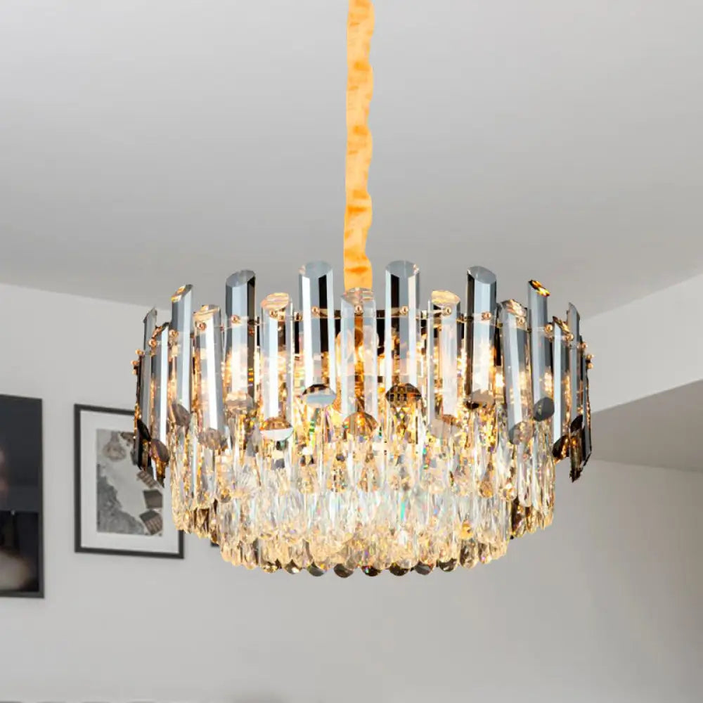 Postmodern Drum Crystal Pendant Light Kit With 10 Brass Chandelier Heads