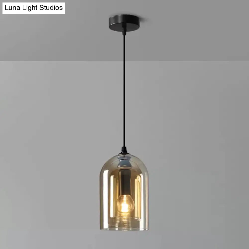 Postmodern Blown Glass Pendant Light - Dual Cloche Shape 1 Head Suspension Bedroom Lighting Cognac