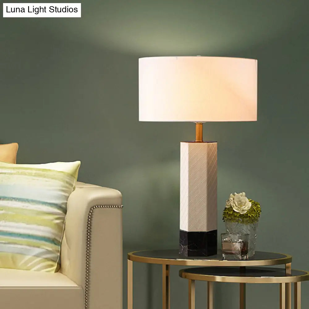 Postmodern Fabric Drum Table Lamp With Marble Base - 1-Light Nightstand Light White