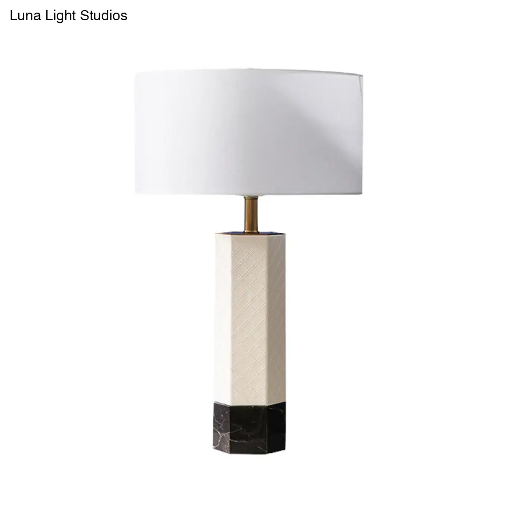 Postmodern Fabric Drum Table Lamp With Marble Base - 1-Light Nightstand Light White