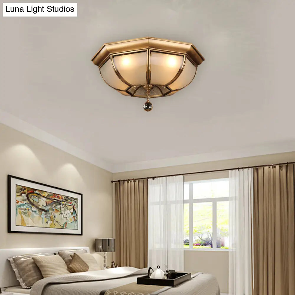 Postmodern Frosted Glass Dome Ceiling Mount Fixture 3/4 Heads Brass Flush Lighting With Crystal Drop
