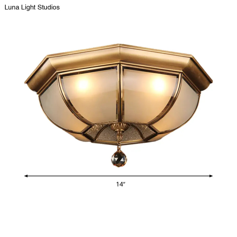 Postmodern Frosted Glass Dome Ceiling Mount Fixture 3/4 Heads Brass Flush Lighting With Crystal Drop