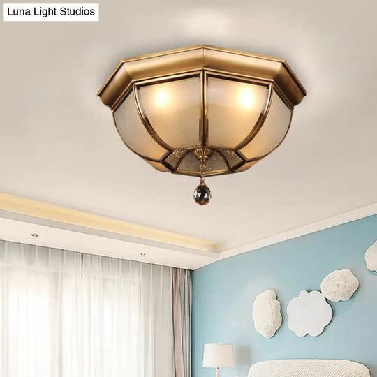 Postmodern Frosted Glass Dome Ceiling Mount Fixture 3/4 Heads Brass Flush Lighting With Crystal Drop