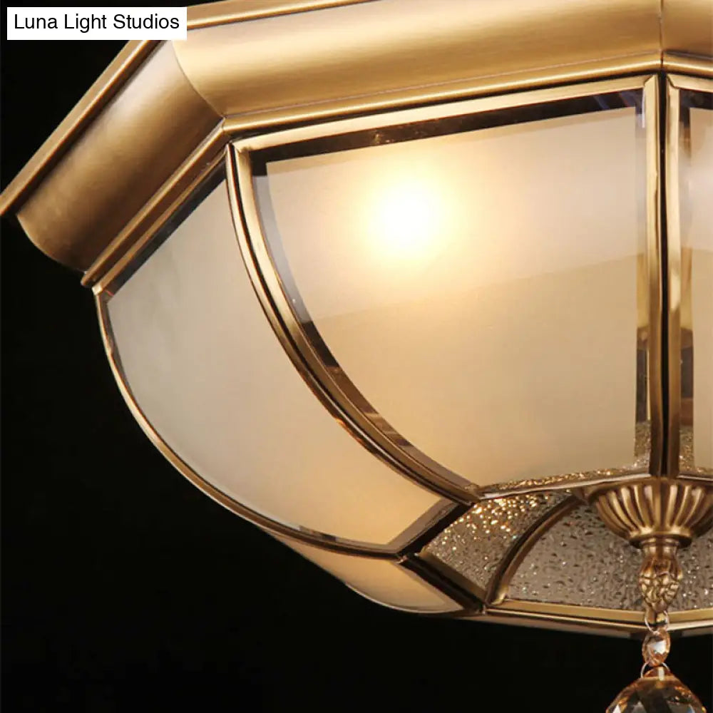 Postmodern Frosted Glass Dome Ceiling Mount Fixture 3/4 Heads Brass Flush Lighting With Crystal