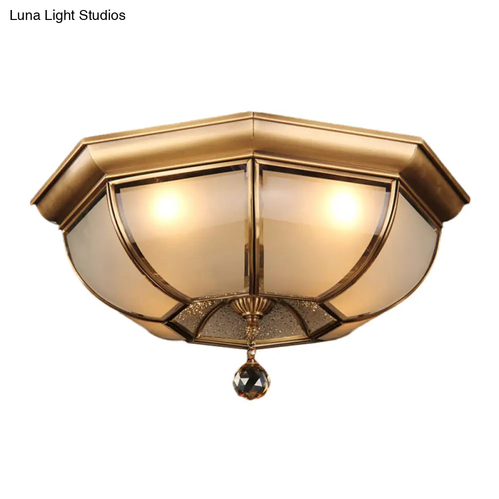 Postmodern Frosted Glass Dome Ceiling Mount Fixture 3/4 Heads Brass Flush Lighting With Crystal