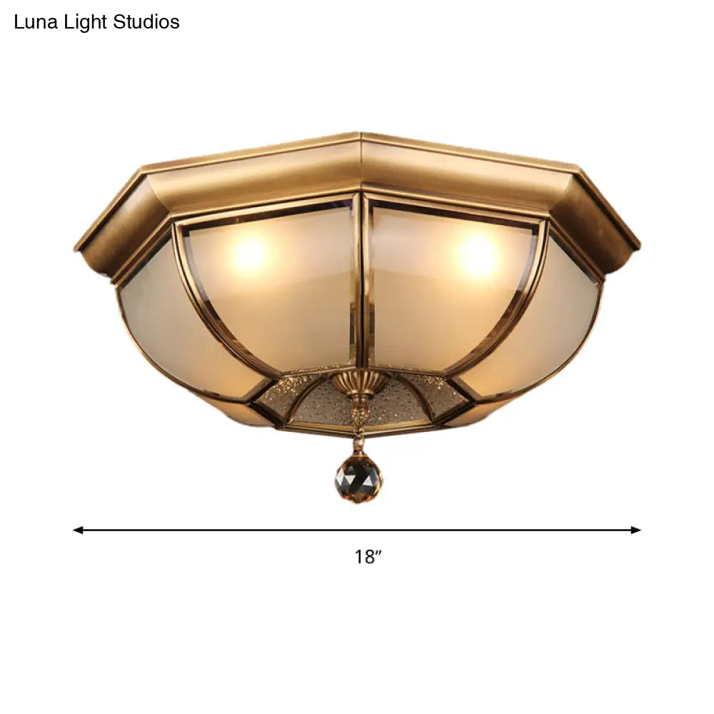 Postmodern Frosted Glass Dome Ceiling Mount Fixture 3/4 Heads Brass Flush Lighting With Crystal