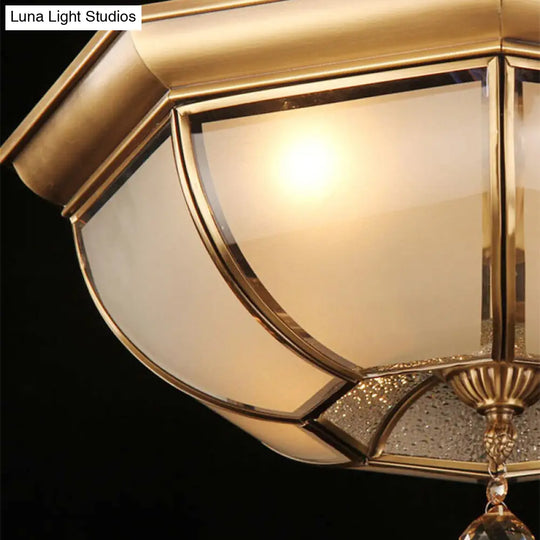 Postmodern Frosted Glass Dome Ceiling Mount Fixture 3/4 Heads Brass Flush Lighting With Crystal Drop