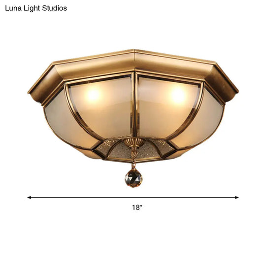 Postmodern Frosted Glass Dome Ceiling Mount Fixture 3/4 Heads Brass Flush Lighting With Crystal Drop
