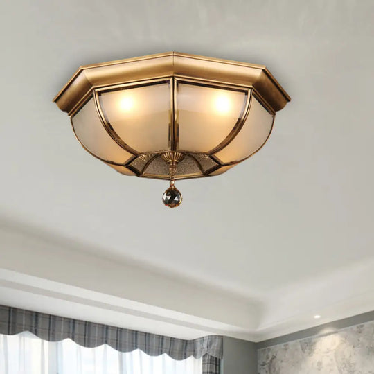 Postmodern Frosted Glass Dome Ceiling Mount Fixture 3/4 Heads Brass Flush Lighting With Crystal