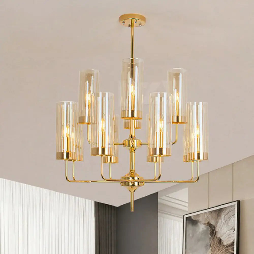 Postmodern Glass Brass Finish Chandelier For Living Room 12 / Tan