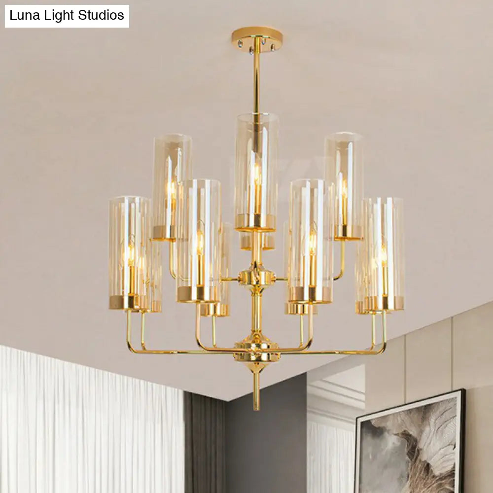 Glass Brass Finish Chandelier Light For Modern Living Room 12 / Tan