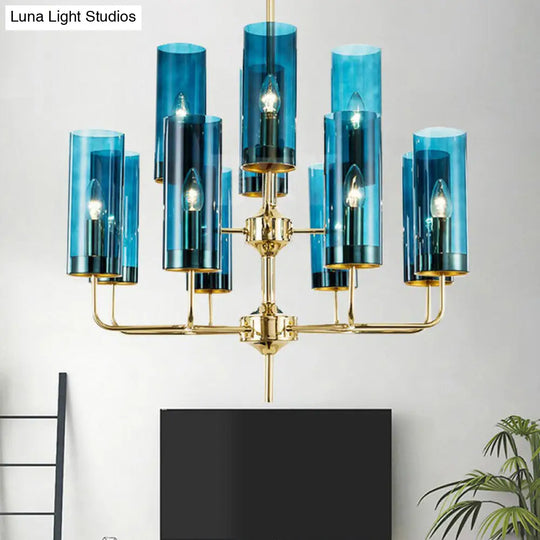 Postmodern Glass Brass Finish Chandelier For Living Room 12 / Blue