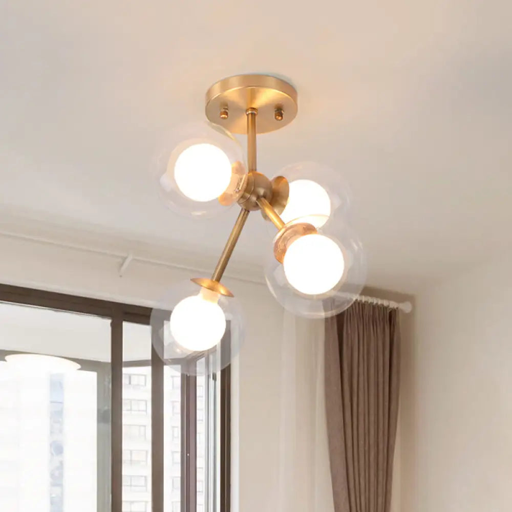 Postmodern Glass Ceiling Light Fixture: Brass 4 - Light Semi - Flush Mount For Bedrooms