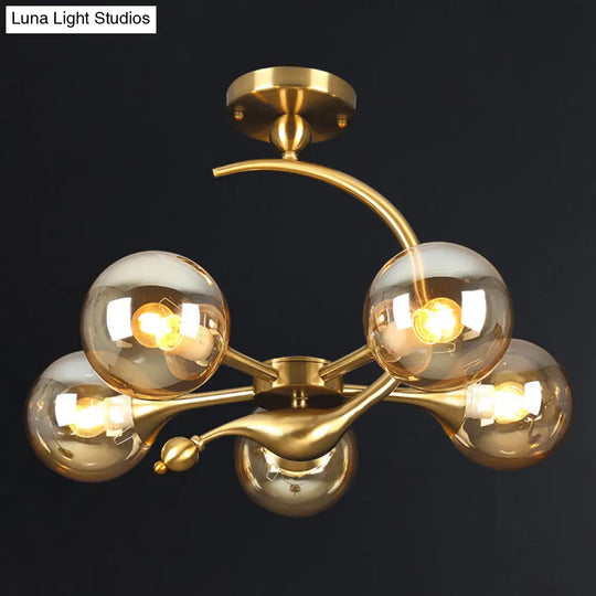 Modern Glass Chandelier Light With Brass Finish For Living Room 5 / Amber