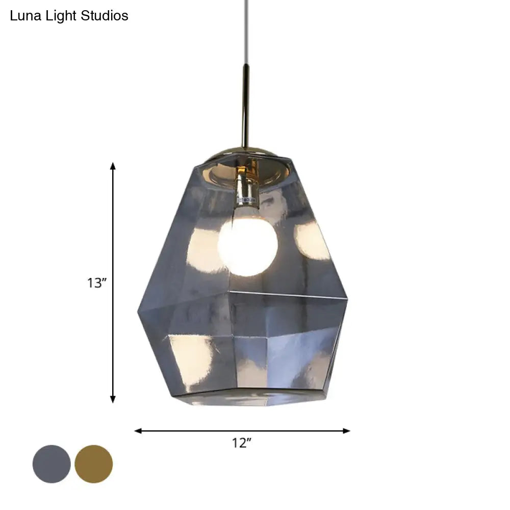 Postmodern Glass Diamond Pendant Lamp - Silver/Gold Suspended 1-Bulb Lighting Fixture For Tables