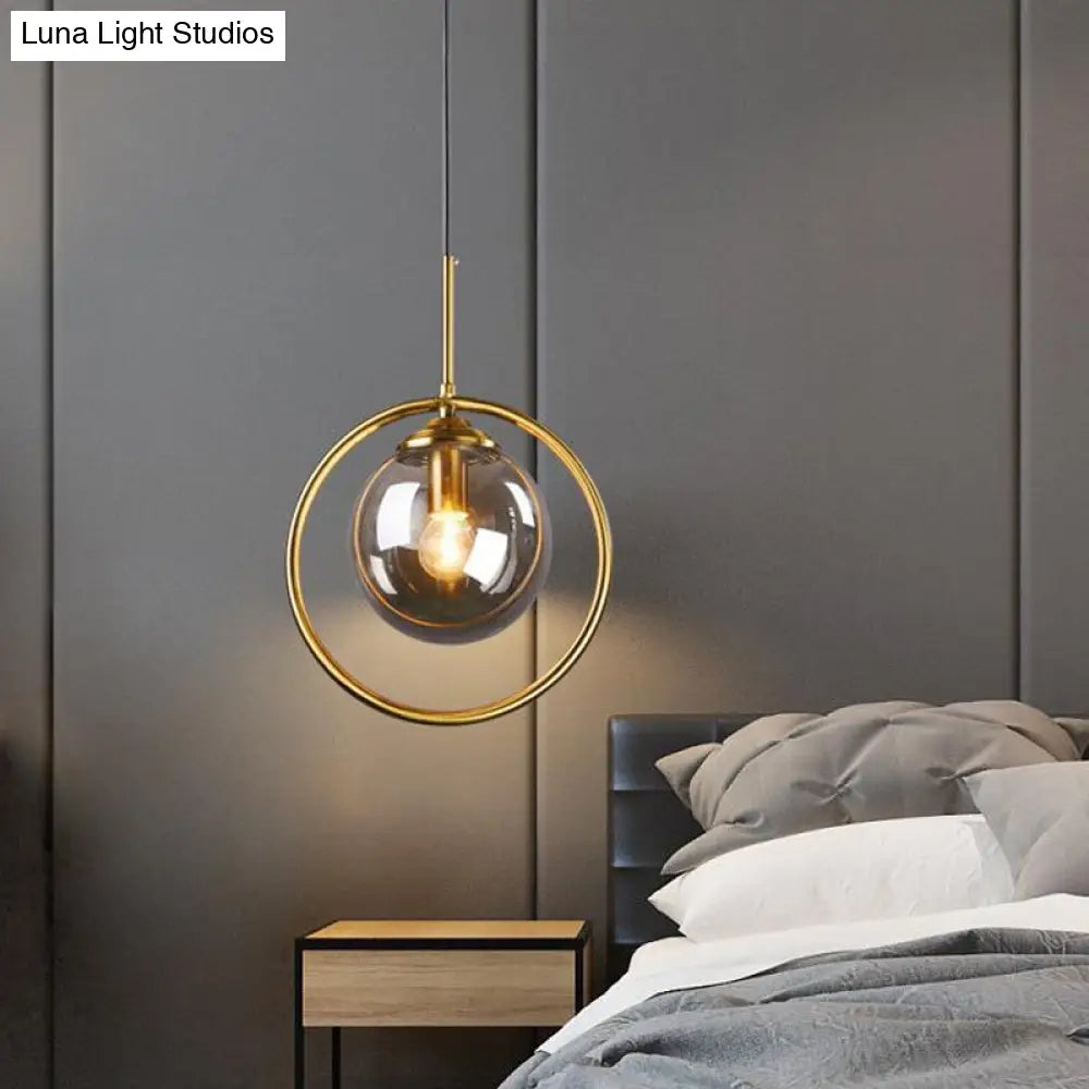 Postmodern Glass Pendant Light With Globe Down Lighting And Brass Ring For Bedroom Smoke Gray