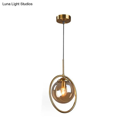 Postmodern Glass Pendant Light With Brass Ring For Bedroom - Single-Bulb Globe Down Lighting In