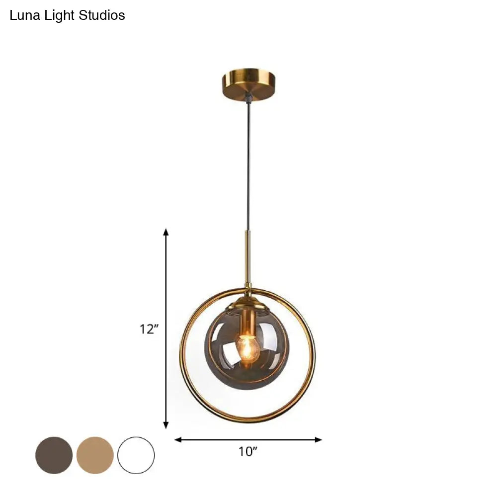 Postmodern Glass Pendant Light With Globe Down Lighting And Brass Ring For Bedroom