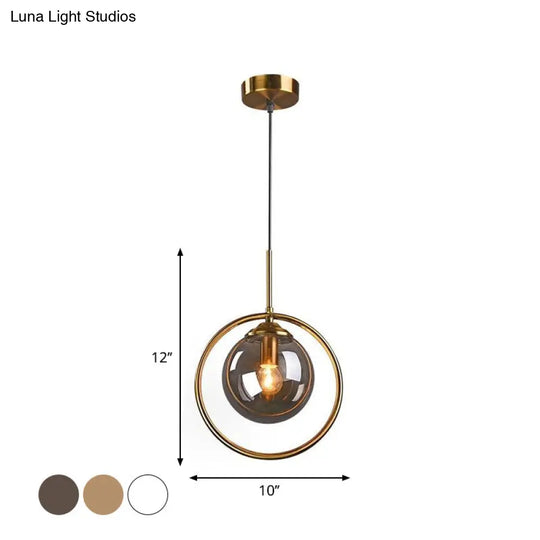 Postmodern Glass Pendant Light With Globe Down Lighting And Brass Ring For Bedroom