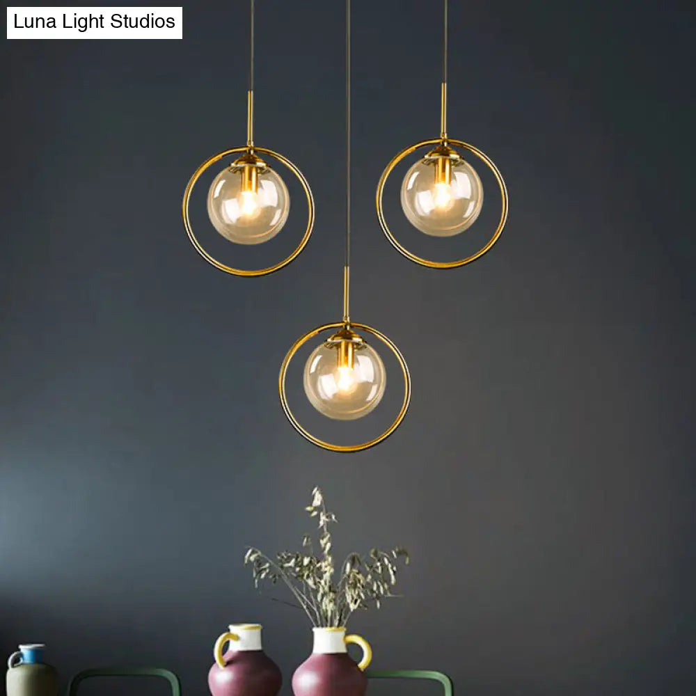 Postmodern Glass Pendant Light With Brass Ring For Bedroom - Single-Bulb Globe Down Lighting In