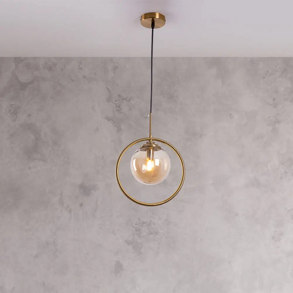 Postmodern Glass Pendant Light With Brass Ring For Bedroom - Single-Bulb Globe Down Lighting In