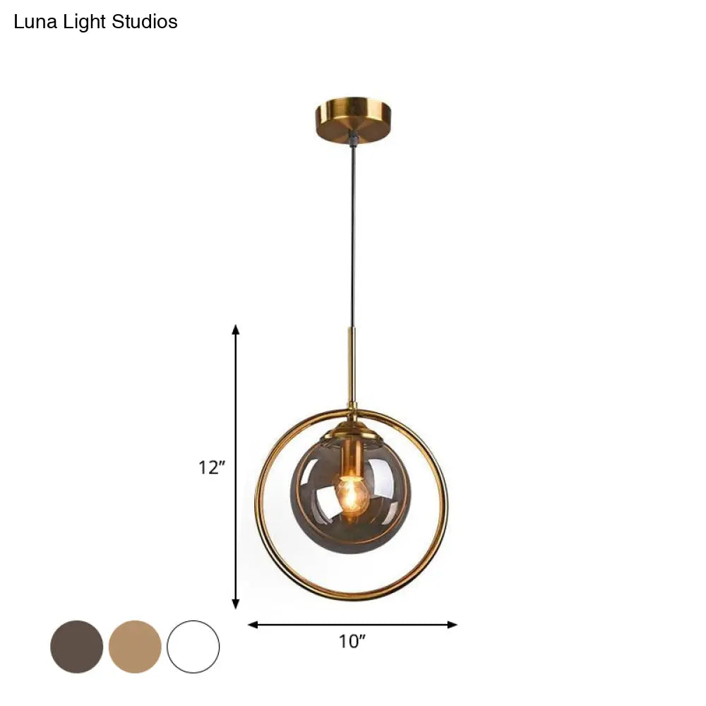 Postmodern Glass Pendant Light With Brass Ring For Bedroom - Single-Bulb Globe Down Lighting In