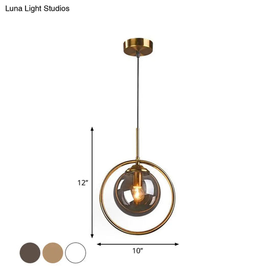 Postmodern Glass Pendant Light With Brass Ring For Bedroom - Single-Bulb Globe Down Lighting In