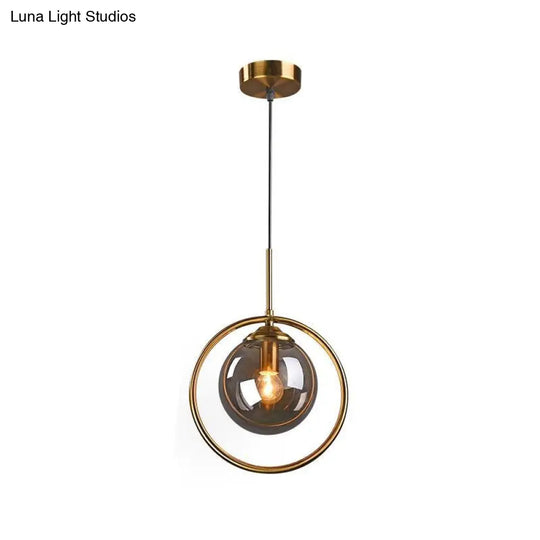 Postmodern Glass Pendant Light With Brass Ring For Bedroom - Single-Bulb Globe Down Lighting In