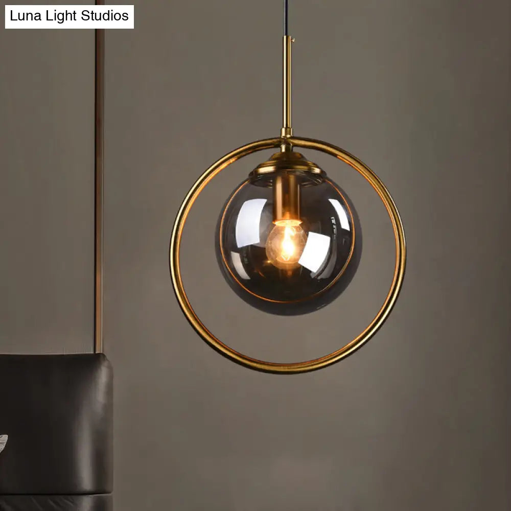 Postmodern Glass Pendant Light With Brass Ring For Bedroom - Single-Bulb Globe Down Lighting In