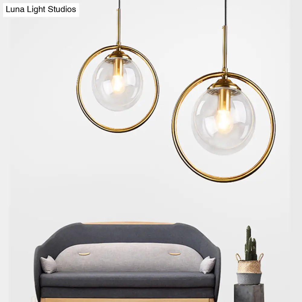 Postmodern Glass Pendant Light With Brass Ring For Bedroom - Single-Bulb Globe Down Lighting In