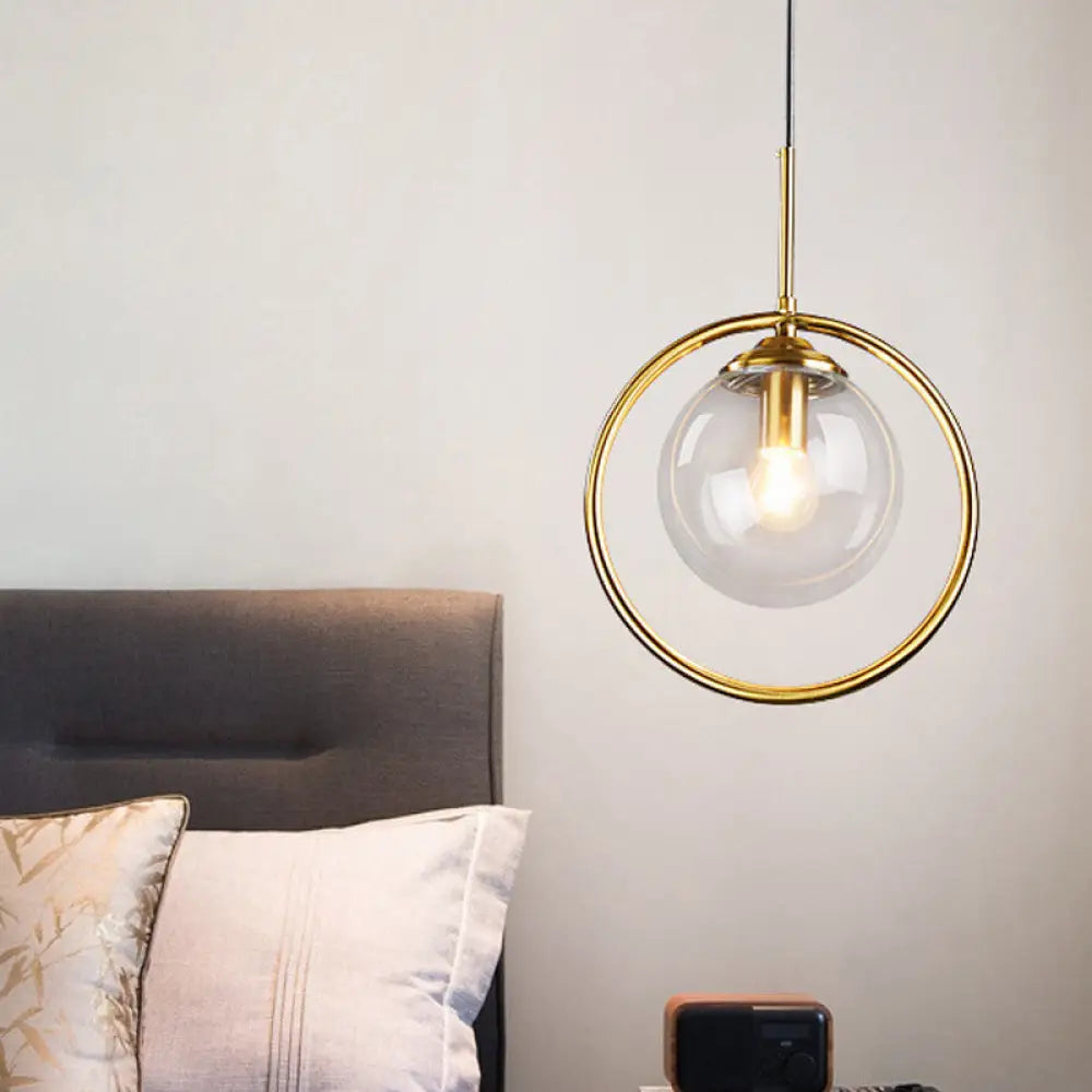 Postmodern Glass Pendant Light With Brass Ring For Bedroom - Single-Bulb Globe Down Lighting In