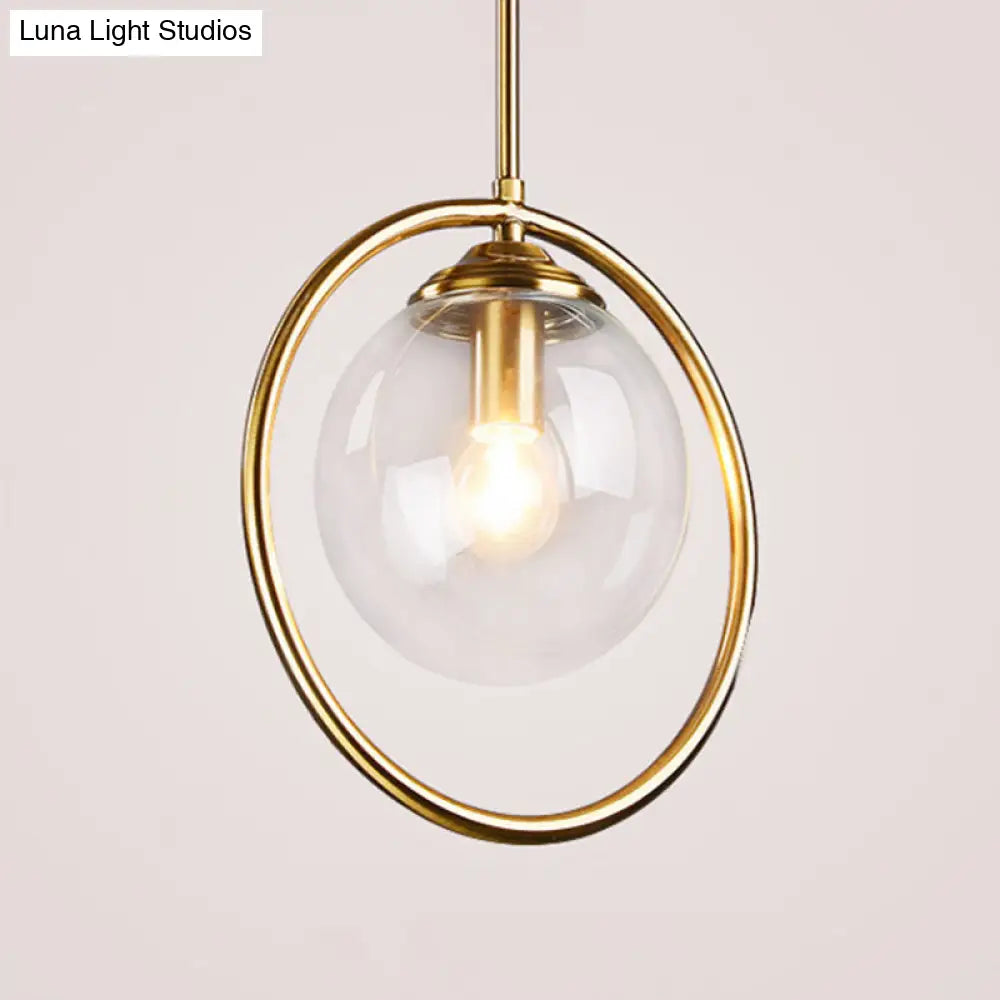 Postmodern Glass Pendant Light With Brass Ring For Bedroom - Single-Bulb Globe Down Lighting In